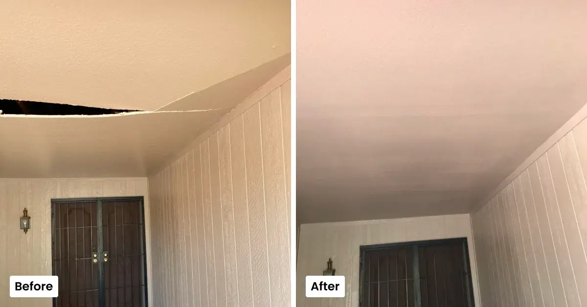 Drywall repair, texture, paint- complete. Drywall repair, texture, paint- complete.