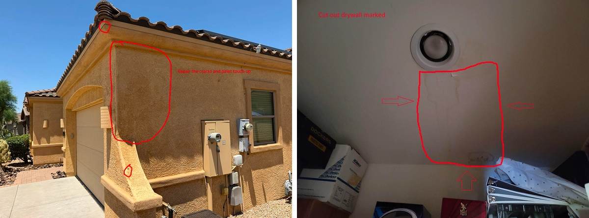 Contractor inspecting exterior stucco wall for cracks before monsoon season Contractor inspecting exterior stucco wall for cracks before monsoon season
