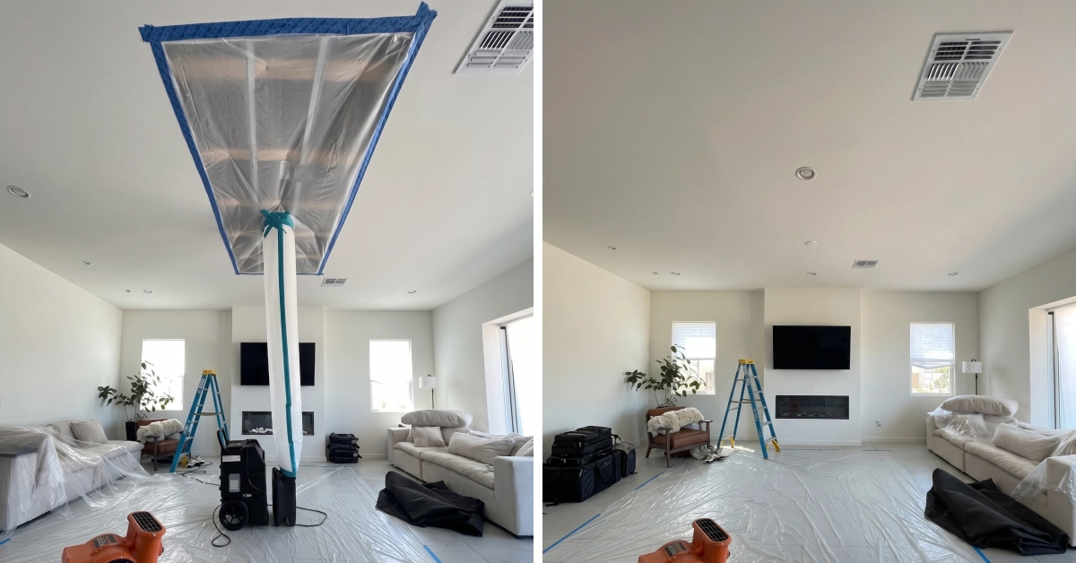 Before and after of a texture-matched stucco repair on an Arizona home Before and after of a texture-matched stucco repair on an Arizona home